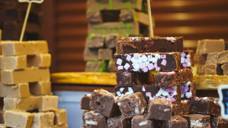 Traditional handmade candies and cookies shining on Christmas market sweet stall.の写真素材