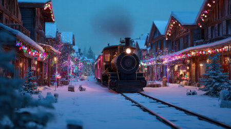 Colorful Christmas train illuminated by lights moving through snowy forest nightの素材