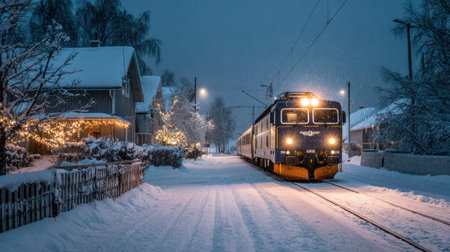 Vintage holiday express train moving through snowy valley under soft evening lightの素材