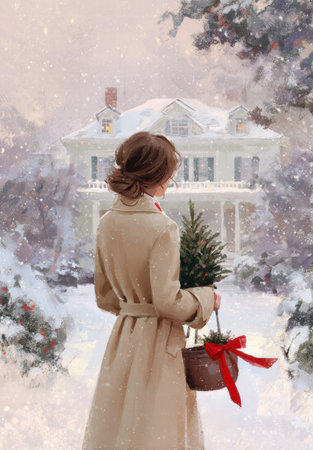 Woman holding her Christmas tree while walking through a soft snowy festive street.の素材