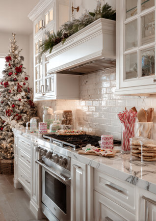 White kitchen decorated for Christmas, marble surfaces, sweet treats, festive atmosphereの素材