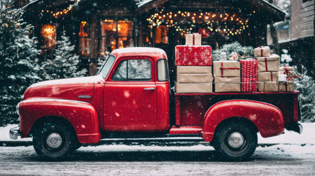Red pickup loaded with trees stops by decorated cottages under gentle winter snow.の素材