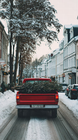 Vintage red truck carries holiday decor through snowy homes glowing with warm charm..の素材