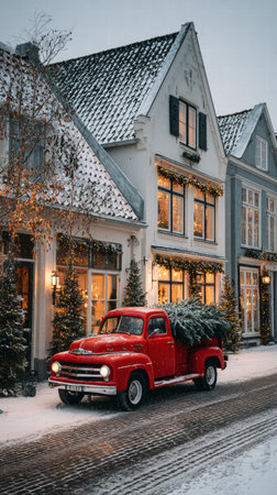 Red pickup with gifts near glowing cottages in snow, cozy Christmas illustration vibe.の素材