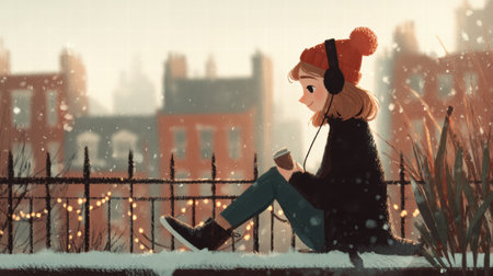 a woman wrapping holiday gifts outdoors, sitting on a snowy bench, digital art in soft pastel tones, brown hair tucked in a warm hat, golden lights behind herの素材