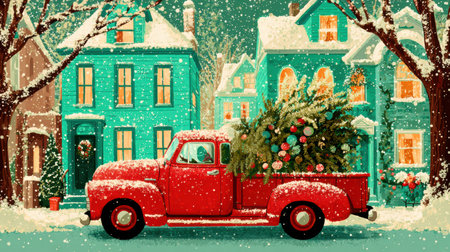 Red pickup loaded with trees stops by decorated cottages under gentle winter snow.の素材