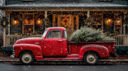 Red pickup loaded with trees stops by decorated cottages under gentle winter snow.の素材