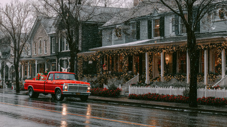 Festive red truck with decor passes glowing houses in snowfall, warm holiday mood.の素材