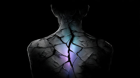 Identity collapsing inward, revealing fractured layers of internal emotional distortion.の素材