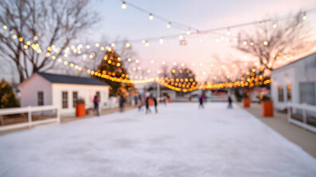 Warm blurred ice rink lights create a festive winter atmosphere with cozy holiday glowの素材
