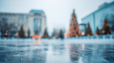 Golden Christmas glow softly blurs behind an ice rink creating warm winter ambienceの素材