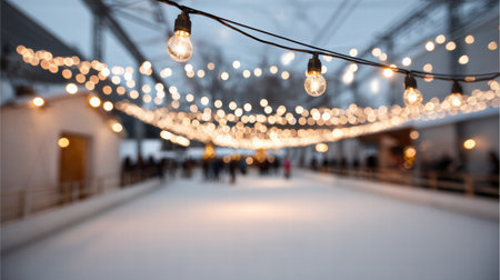 Soft dreamy Christmas lights blur around the ice rink giving a warm cozy holiday feelの素材