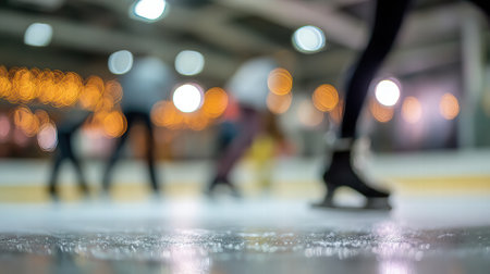 Golden Christmas glow softly blurs behind an ice rink creating warm winter ambienceの素材