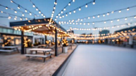 Golden Christmas glow softly blurs behind an ice rink creating warm winter ambienceの素材