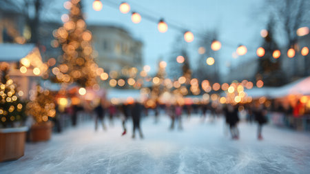 Warm blurred ice rink lights create a festive winter atmosphere with cozy holiday glowの素材
