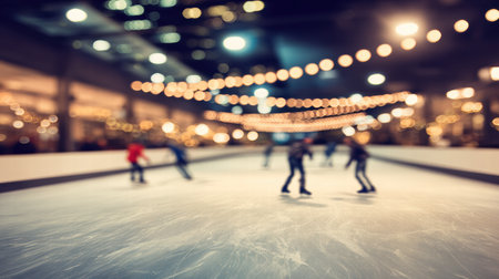 A warm blurred Christmas skating scene glowing with soft golden festive winter lightの素材