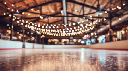 A warm blurred Christmas skating scene glowing with soft golden festive winter lightの素材