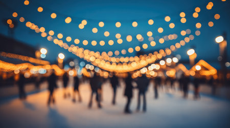 Soft glowing Christmas lights blur behind the ice rink creating warm festive charmの素材