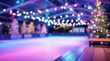 Golden Christmas glow softly blurs behind an ice rink creating warm winter ambienceの素材