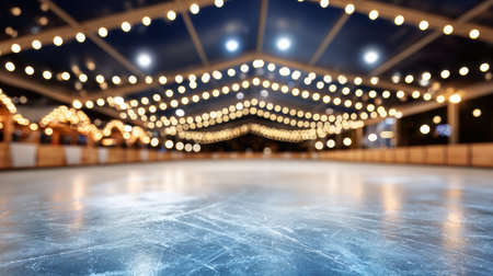 A warm blurred Christmas skating scene glowing with soft golden festive winter lightの素材