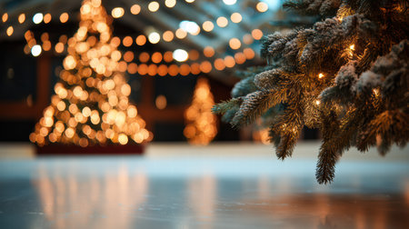 Soft glowing Christmas lights blur behind the ice rink creating warm festive charmの素材