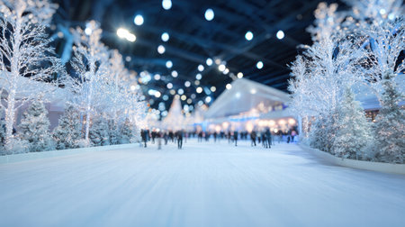 Soft glowing Christmas lights blur behind the ice rink creating warm festive charmの素材