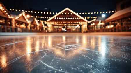 Soft glowing Christmas lights blur behind the ice rink creating warm festive charmの素材