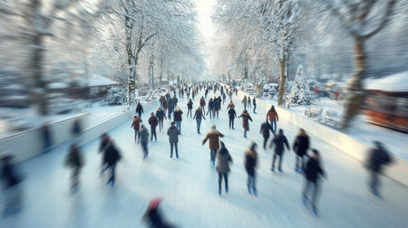 Soft dreamy Christmas lights blur around the ice rink giving a warm cozy holiday feelの素材