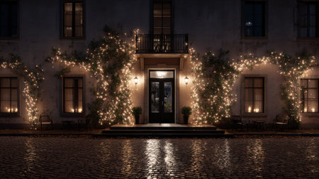 Cozy house exterior decorated with Christmas lights and seasonal ornaments.の素材
