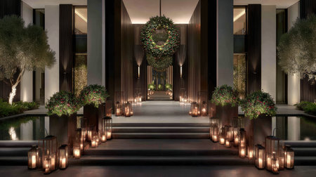 House facade beautifully decorated for Christmas with lights, wreaths, garlandsの素材