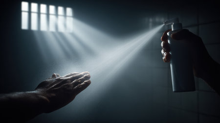 Hands using antiseptic gel in soft daylight creating a calm hygienic minimal atmosphere.の素材