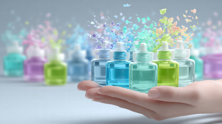 Soft palms receiving sanitizer drop in clean bright setting with hygiene clarity..の素材