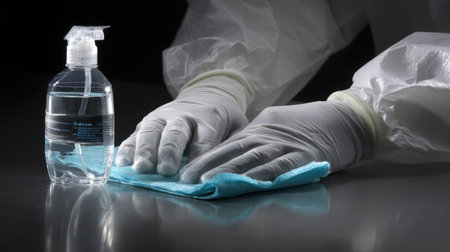 Hands spreading sanitizer gel in airy bright space with soft clean minimal mood.の素材