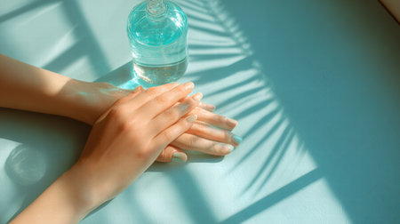 Hands sanitizing in a bright clean scene highlighting modern minimal hygiene concept.の素材