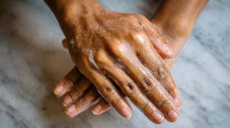 Hands sanitizing in a bright clean scene highlighting modern minimal hygiene concept.の素材