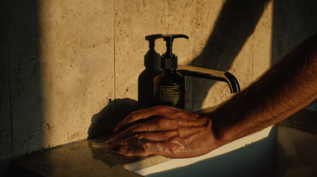 Hands using antiseptic gel in soft daylight creating a calm hygienic minimal atmosphere.の素材