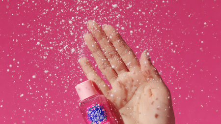 Close up of palms absorbing sanitizer gel showing soft textures and hygiene focus look.の素材