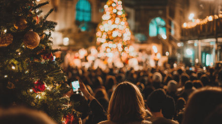 Soft blurred Christmas concert lights creating a warm festive stage ambience.の素材