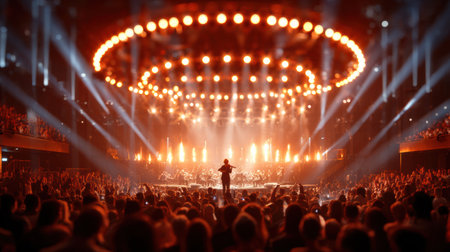Blurred festive choir singing on a warm glowing stage during a holiday concert..の素材