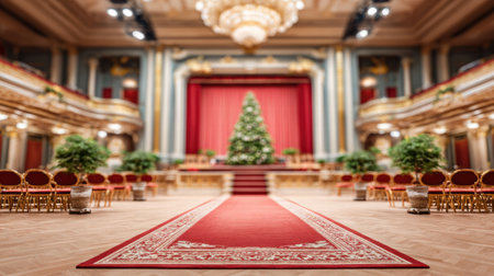 Blurred festive choir singing on a warm glowing stage during a holiday concert..の素材