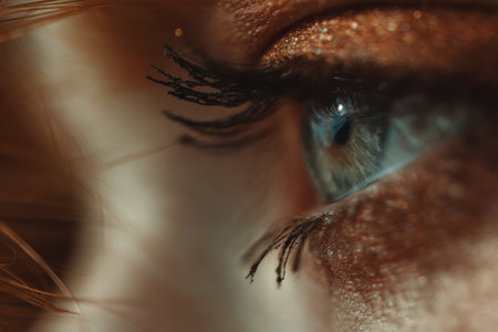 Minimalist close-up of a woman applying mascara with soft light and clean lines..の素材