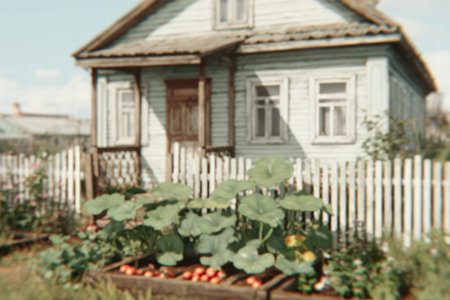 Soft blurred view of Ukrainian village with traditional huts and folk warmspirit.の素材