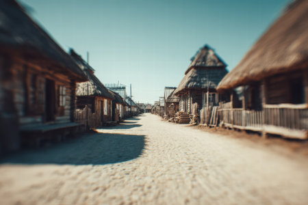 Soft blurred view of Ukrainian village with traditional huts and folk warmspirit.の素材