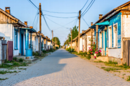 Soft blurred view of Ukrainian village with traditional huts and folk warmspirit.の素材