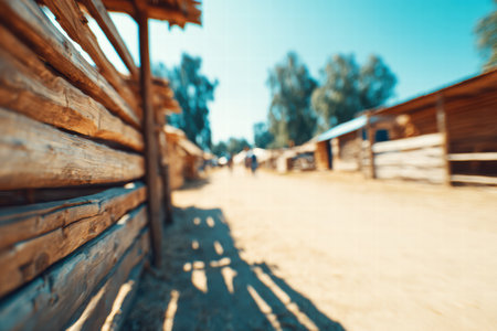 Soft blurred view of Ukrainian village with traditional huts and folk warmspirit.の素材
