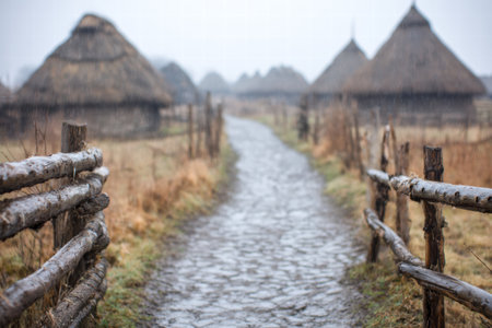 Soft blurred view of Ukrainian village with traditional huts and folk warmspirit,の素材