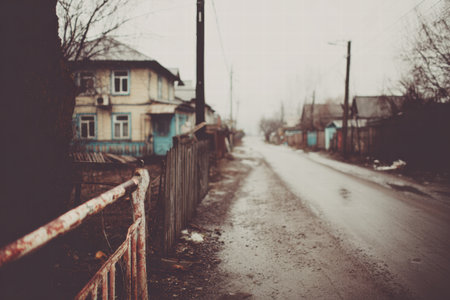 Soft blurred view of Ukrainian village with traditional huts and folk warmspirit.の素材