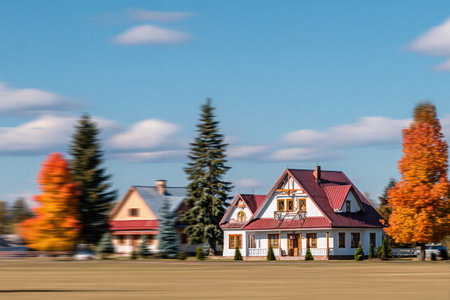 Soft blurred view of Ukrainian village with traditional huts and folk warmspirit.の素材
