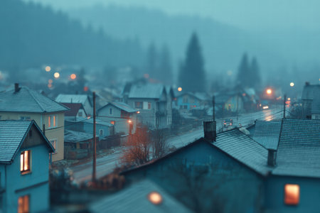Soft blurred view of Ukrainian village with traditional huts and folk warmspirit.の素材