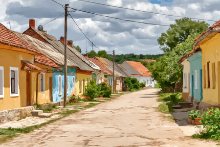 Soft blurred view of Ukrainian village with traditional huts and folk warmspirit.の素材